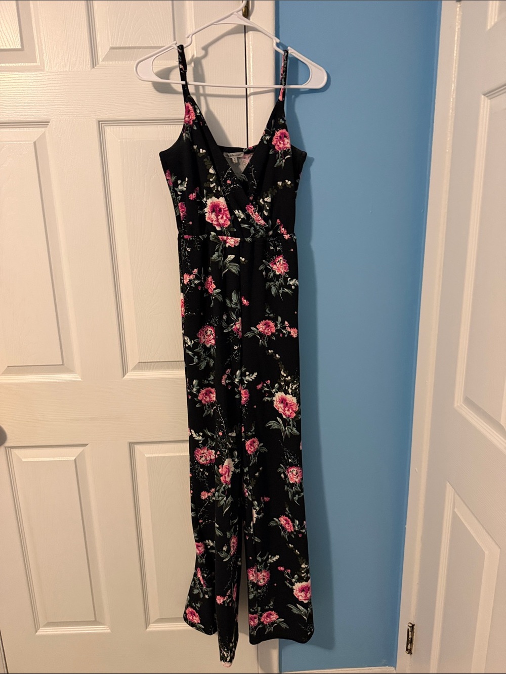 Charlotte Russe Black Jumpsuit with Pink Floral Print